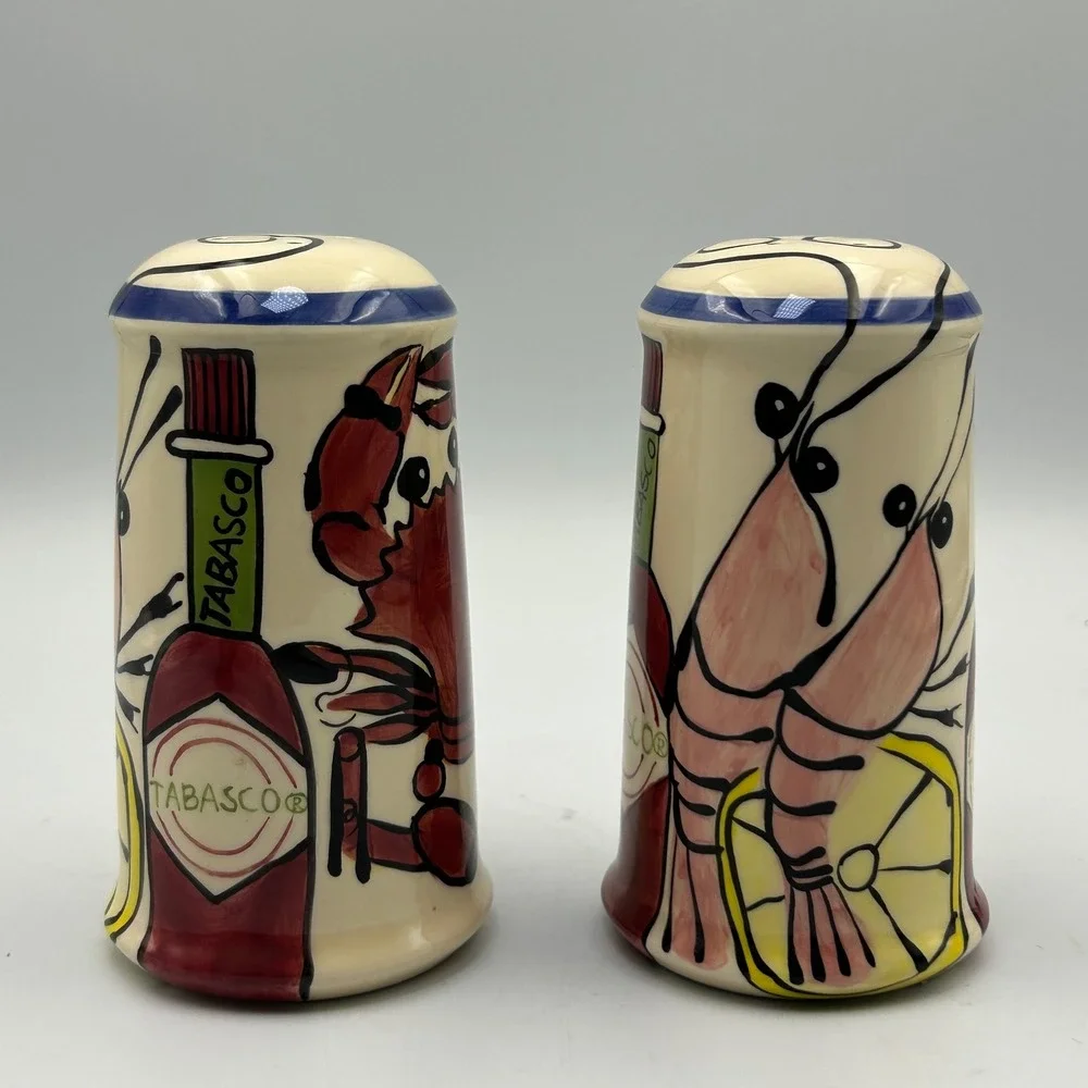 VTG Tabasco Salt Pepper Shakers Set Tabasco Ceramic Crawfish Shrimp Seafood 5